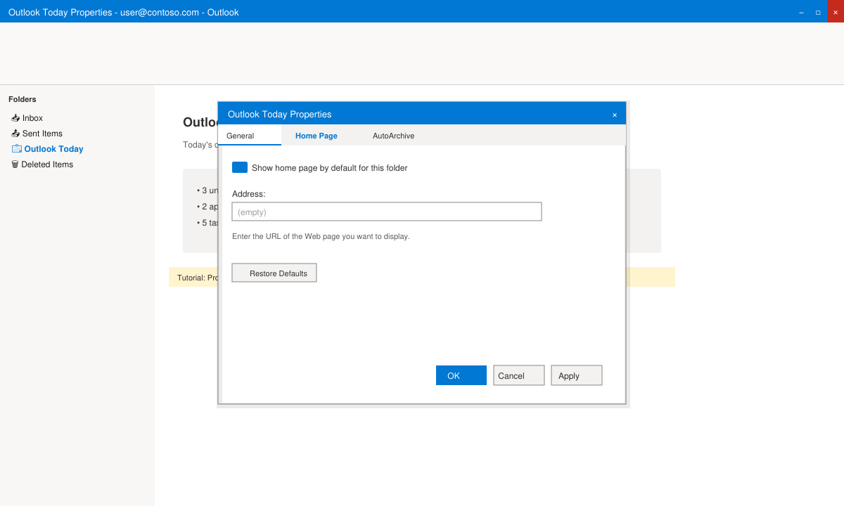 Outlook folder properties dialog with the Home Page tab visible