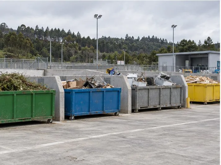 Instalación genérica de reciclaje con varios contenedores grandes diferenciados en el exterior