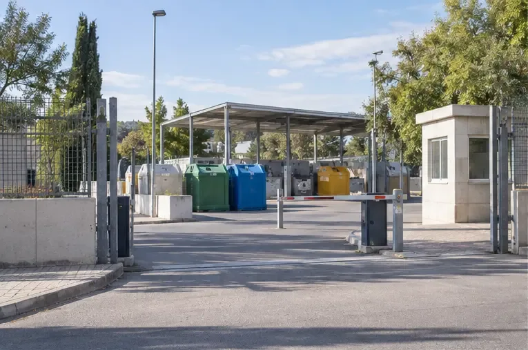 Entrada ilustrativa de un punto limpio municipal con contenedores diferenciados y zona de descarga