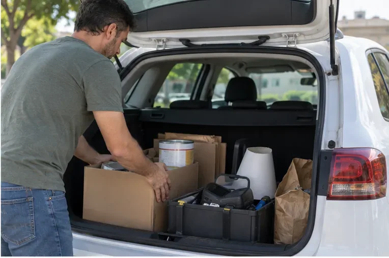 Persona colocando cajas separadas con residuos domésticos especiales en el maletero de un coche