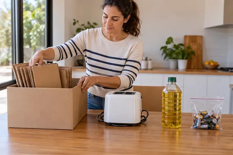 Una persona separa cartón, un pequeño electrodoméstico, aceite usado cerrado y pilas antes de llevarlos al ecoparque