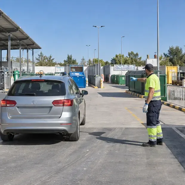 Coche particular que llega a una instalación municipal de reciclaje mientras un trabajador indica el recorrido