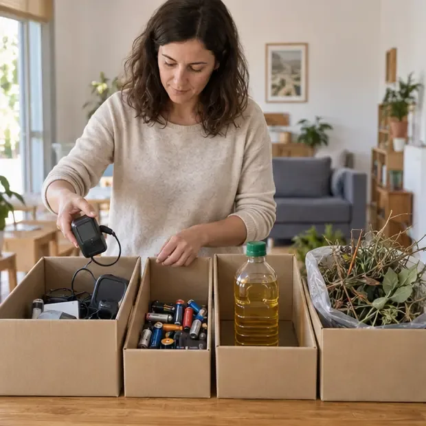 Persona que separa pequeños aparatos eléctricos, pilas, aceite usado y restos de poda en cajas distintas dentro de una vivienda