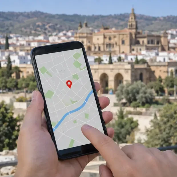 Mano que consulta un mapa genérico en un teléfono móvil con un marcador sobre una ciudad de Córdoba