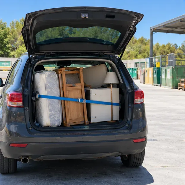 Un coche llega a una instalación municipal de reciclaje con muebles y un colchón sujetos dentro del maletero