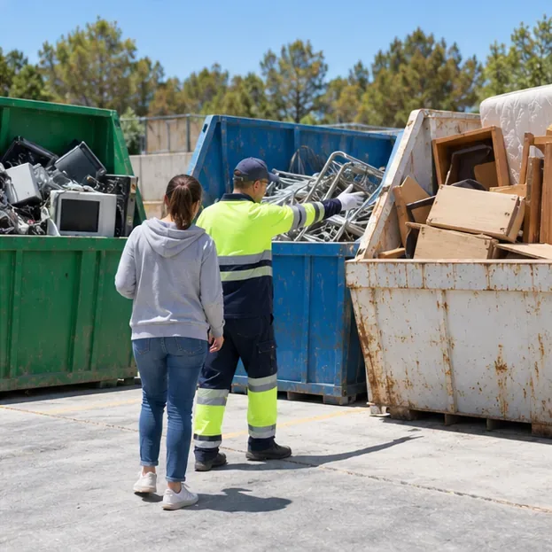Un operario con ropa de alta visibilidad orienta a una vecina ante contenedores separados para aparatos electrónicos, metales y objetos voluminosos