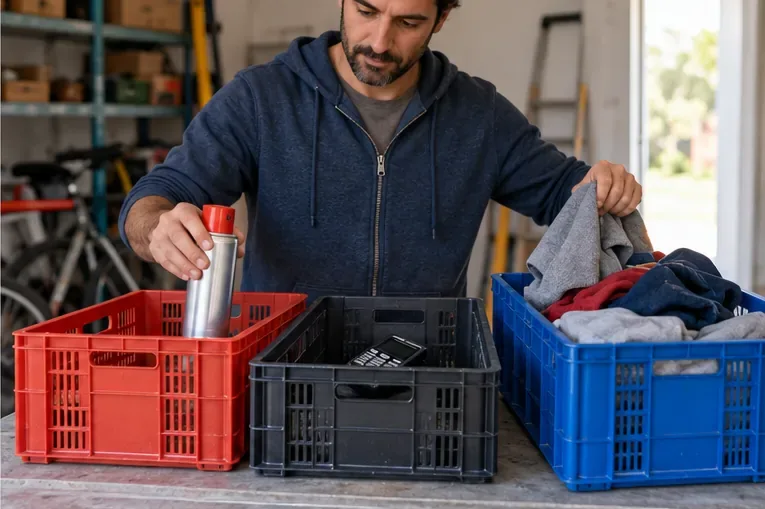 Un hombre coloca un aerosol doméstico, un aparato electrónico pequeño y textiles en cajas separadas para transportarlos.