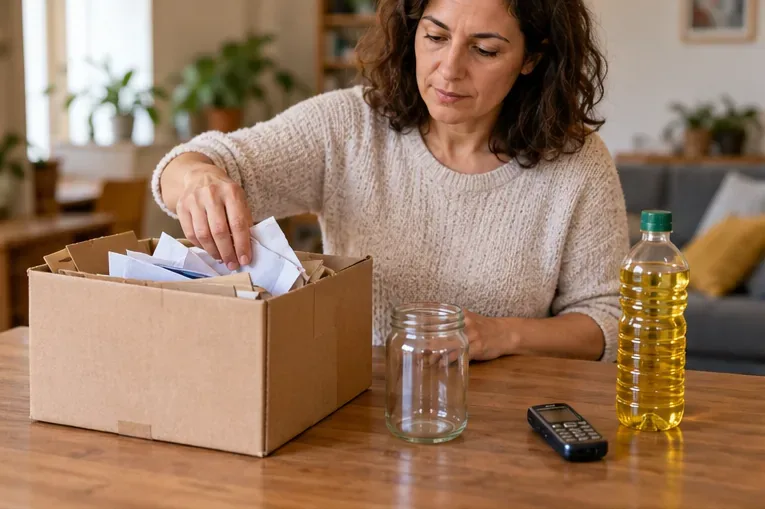 Una mujer separa papel y cartón en una caja, junto a un tarro de vidrio, un teléfono y una botella de aceite de cocina usado.