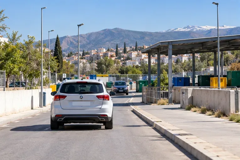 Un coche avanza por una instalación municipal de reciclaje, con contenedores y edificios de Granada al fondo.