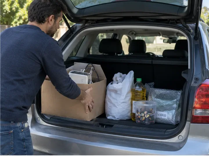 Maletero de un coche con varias fracciones domésticas separadas y preparadas para el traslado al punto limpio