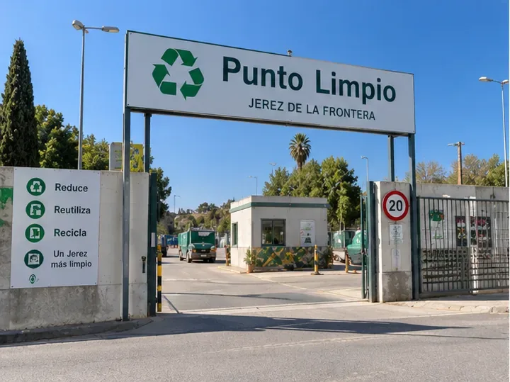 Entrada de un punto limpio con cartel visible y acceso para vehículos