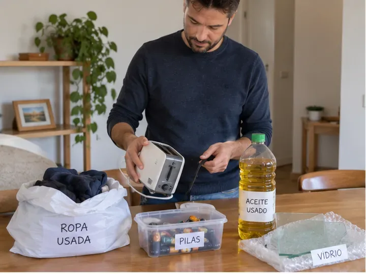 Persona separando ropa usada, pilas, aceite doméstico, vidrio y un pequeño aparato antes de ir al punto limpio