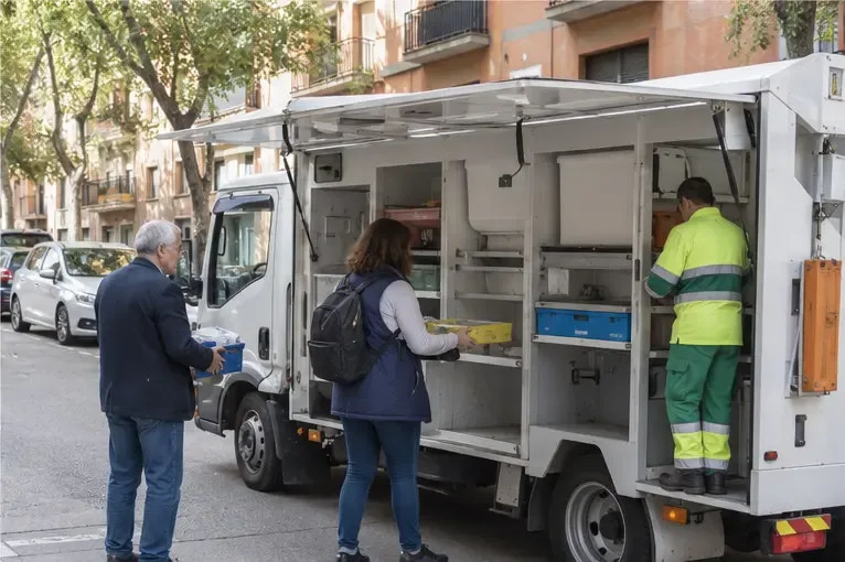 Vehículo de recogida móvil con compartimentos y personas entregando pequeños residuos