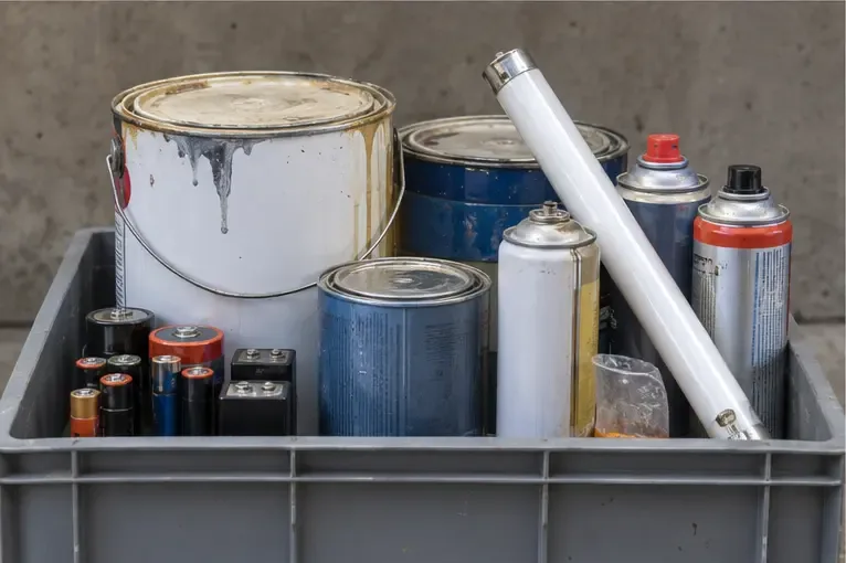 Baterías, latas de pintura, aerosoles y un tubo fluorescente colocados de forma estable para llevarlos al punto limpio