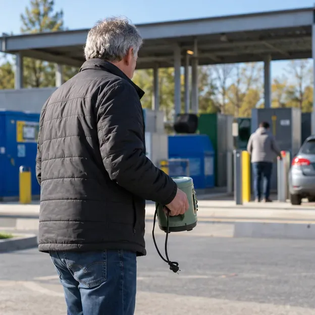 Una persona con un aparato eléctrico pequeño frente a una zona municipal de contenedores de reciclaje, sin rótulos identificables
