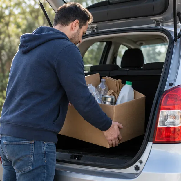 Una persona coloca una caja de residuos domésticos separados en el maletero abierto de un coche compacto