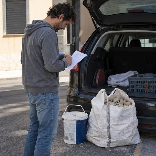 Un hombre revisa una lista junto a un vehículo con un cubo de pintura cerrado y un saco de escombros separados.