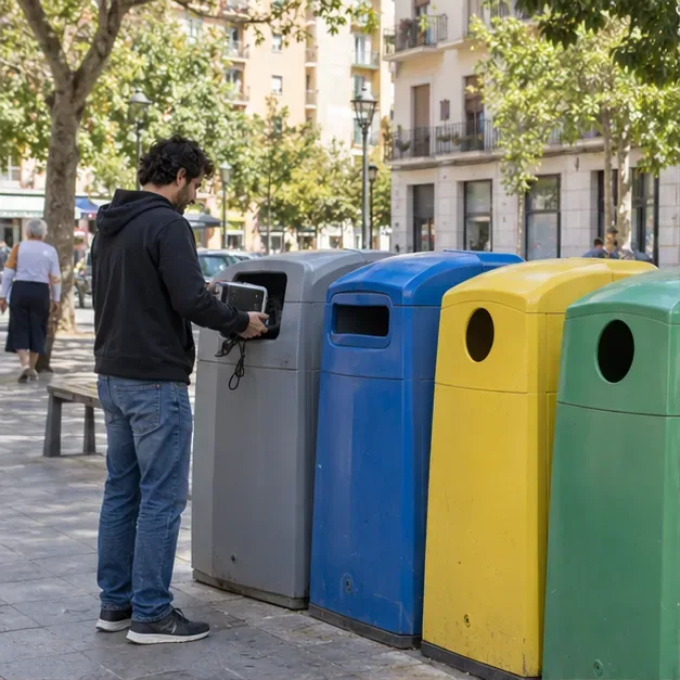 Un vecino deposita un objeto pequeño en una zona urbana con varios contenedores de reciclaje.