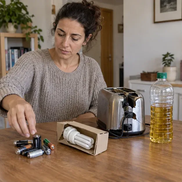Una mujer separa pilas, una bombilla protegida, una tostadora rota y una botella cerrada de aceite usado sobre una mesa.