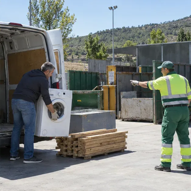 Un trabajador indica a un residente dónde descargar una lavadora y madera en una instalación de reciclaje.