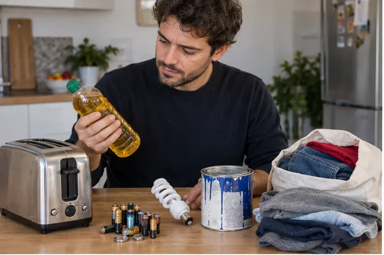Un usuario separa en casa aceite usado, pilas, una bombilla, ropa, un pequeño electrodoméstico y un bote de pintura
