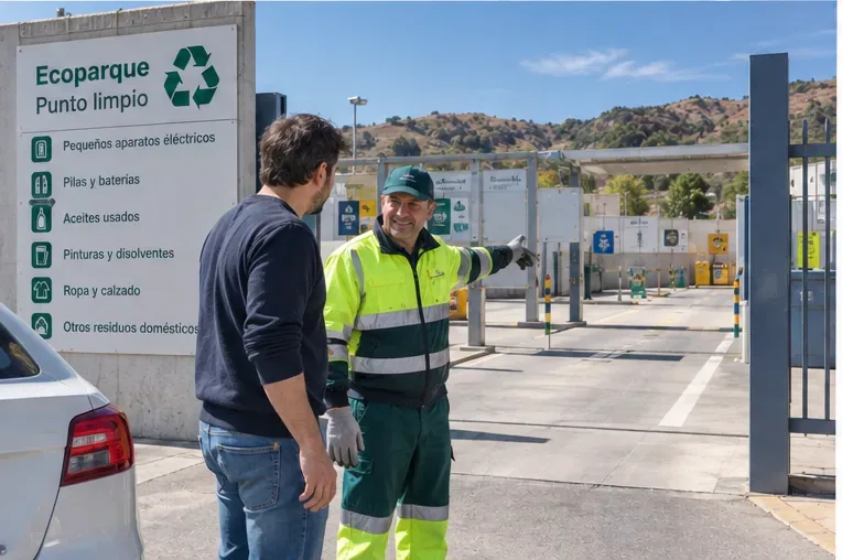 Un usuario habla con un operario a la entrada de un ecoparque señalizado como punto limpio