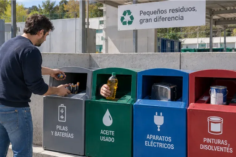 Un usuario deposita pilas, aceite usado, aparatos eléctricos y pintura en recipientes diferenciados de un punto limpio