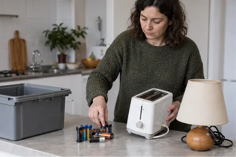 Una mujer reúne pilas usadas, una tostadora y una lámpara sobre la encimera de una cocina.