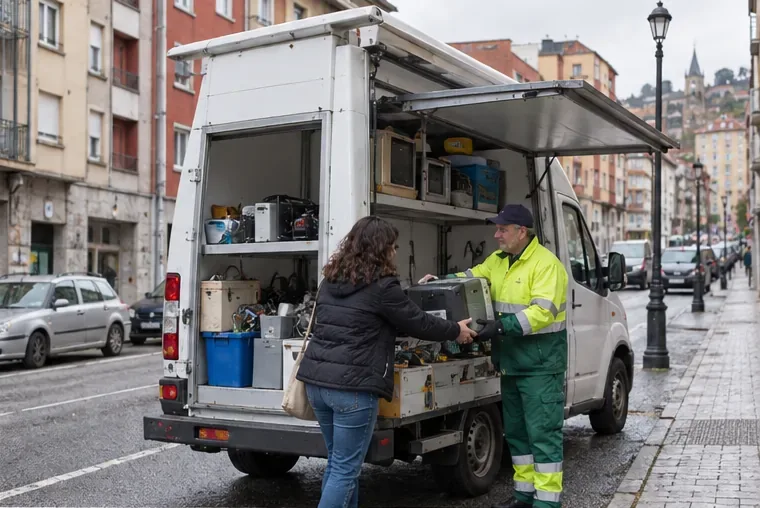 Un vehículo de recogida móvil y un operario reciben un aparato eléctrico en una calle de barrio.