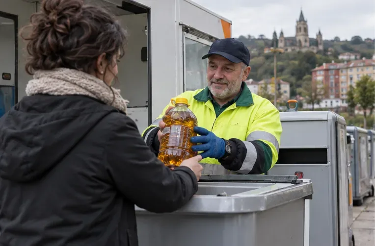 Una vecina entrega una botella cerrada de aceite usado a un trabajador de un punto de recogida.