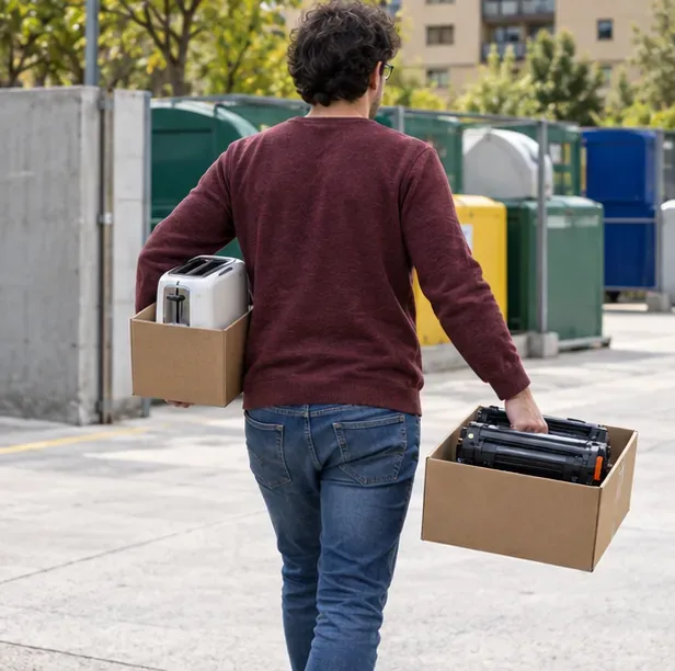 Un residente transporta una tostadora y un cartucho de tóner en cajas separadas hacia una zona de reciclaje
