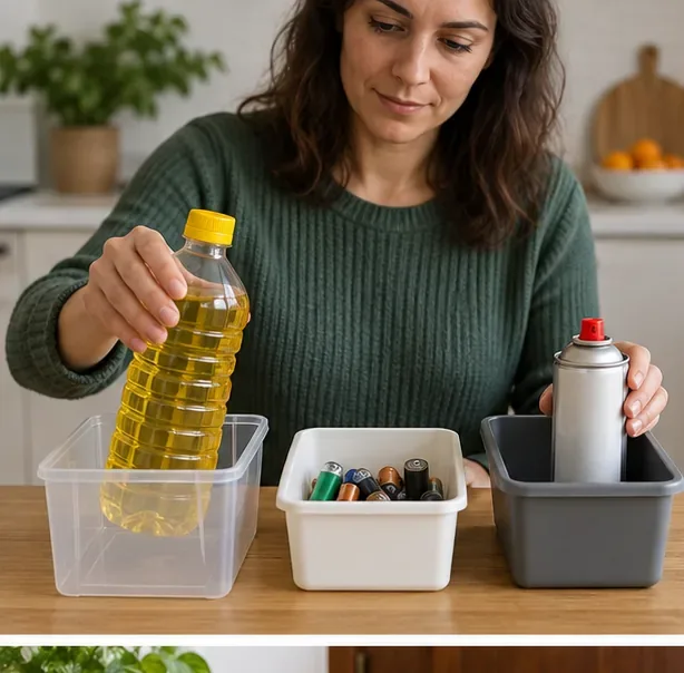 Una mujer separa una botella de aceite usado, pilas y un aerosol en recipientes distintos