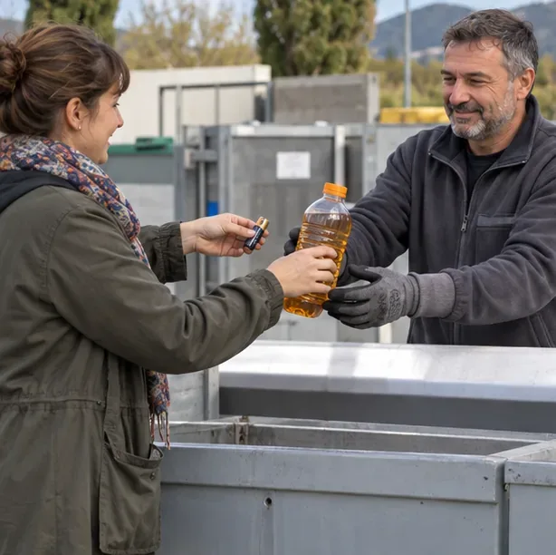 Una persona entrega una pila y una botella de aceite doméstico a otra persona en un punto de recogida