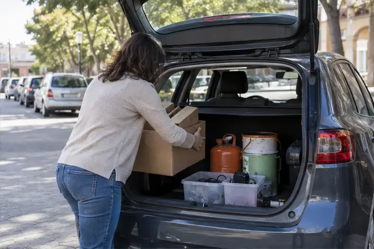 Una residente coloca cajas y recipientes separados en el maletero de un coche para llevarlos al punto limpio