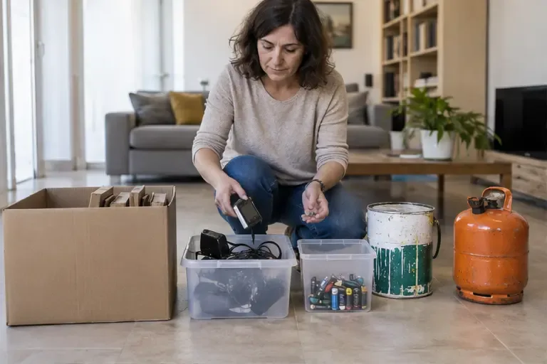 Una residente separa en cajas cartón, pequeños aparatos eléctricos, pilas, pintura y una bombona antes de ir al punto limpio