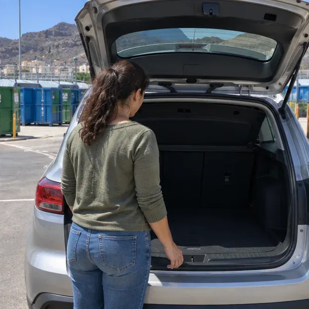 Persona revisando un maletero vacío después de descargar los residuos en el punto limpio