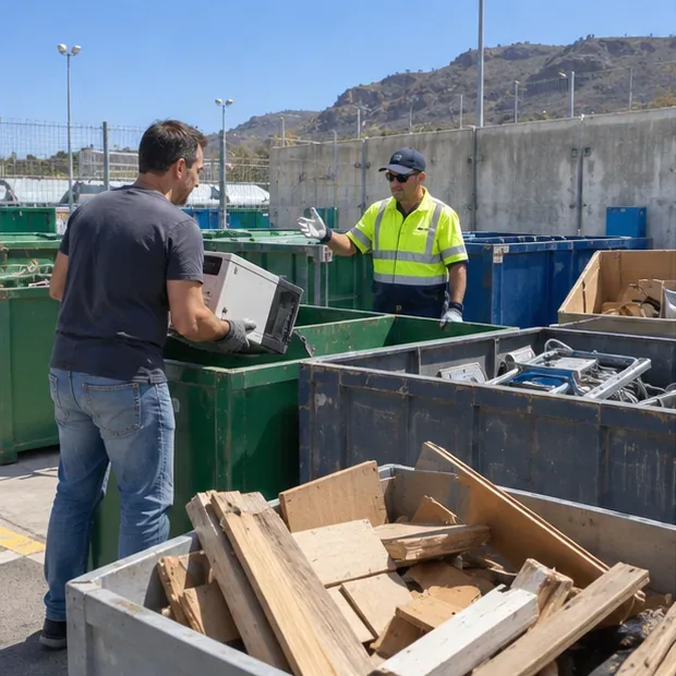 Usuario entregando un aparato eléctrico mientras un operario señala los contenedores de madera y residuos electrónicos