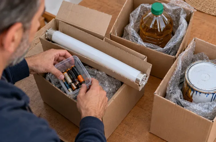 Pilas, un tubo fluorescente, una botella cerrada de aceite usado y un bote de pintura separados para su traslado