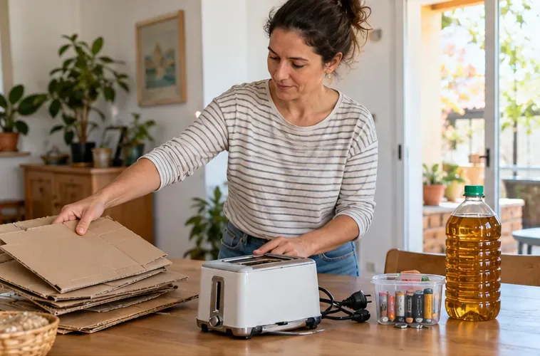 Una persona separa cartón, un pequeño electrodoméstico, pilas y aceite doméstico usado en casa