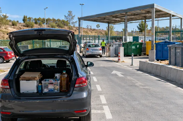 Un coche particular entra en una instalación municipal de recepción selectiva con contenedores separados