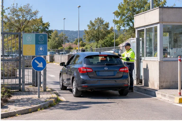 Vehículo detenido en la entrada de una instalación de recogida con personal de control y señalización de acceso