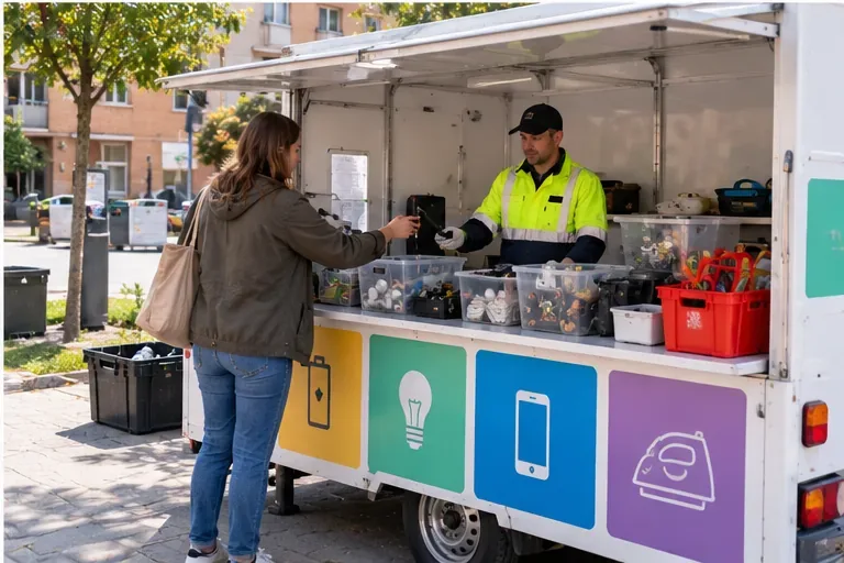 Persona entregando pequeños residuos electrónicos y pilas a un trabajador en una unidad móvil de recogida