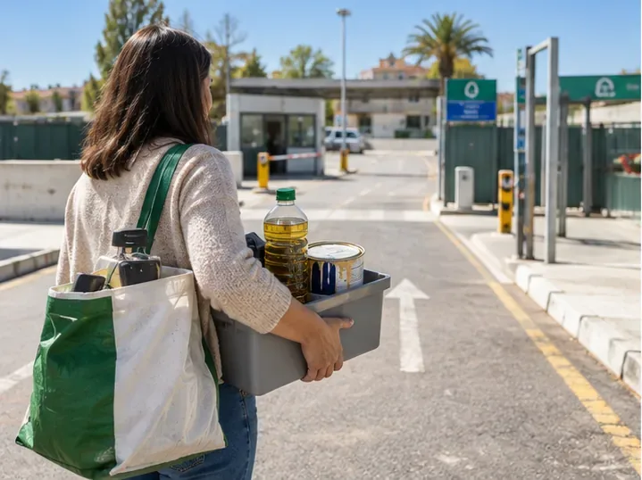 Una mujer llega a una instalación de reciclaje llevando por separado aceite usado, pequeños aparatos y otros residuos domésticos