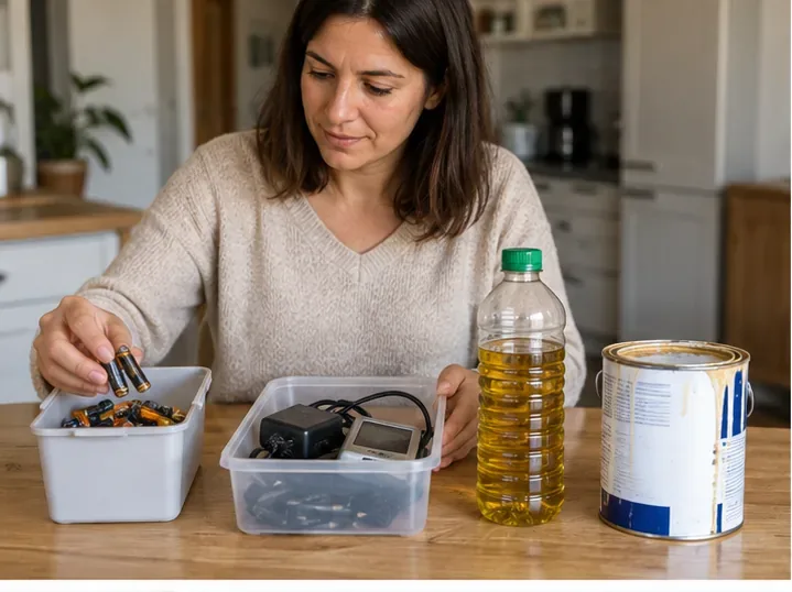 Una mujer separa pilas usadas, pequeños aparatos electrónicos, aceite de cocina y un bote de pintura antes de llevarlos al ecoparque
