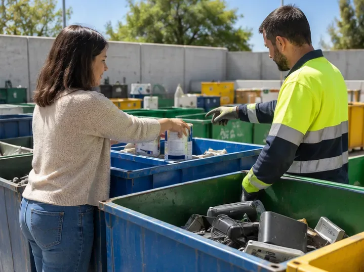 Una usuaria entrega residuos separados junto a un trabajador de un ecoparque con varios contenedores de clasificación