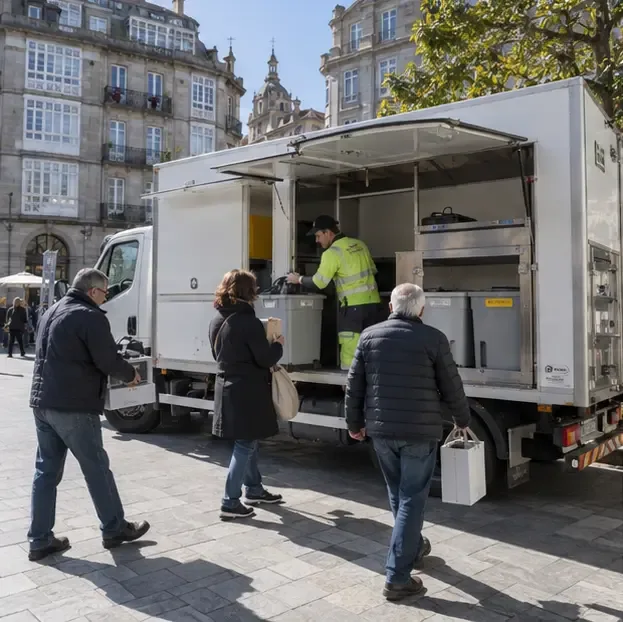 Camión de punto limpio móvil estacionado en una plaza urbana mientras varias personas entregan residuos separados al operario