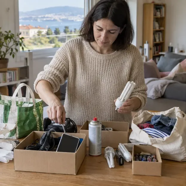 Mujer separando ropa, aparatos eléctricos, un aerosol, tubos fluorescentes y pilas en varias cajas sobre una mesa
