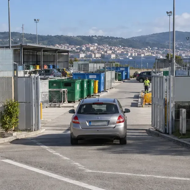 Coche entrando en una instalación amplia de punto limpio con contenedores separados y personal de servicio