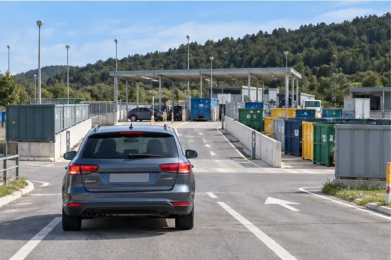 Un coche se aproxima por el vial de entrada a una instalación municipal de reciclaje con contenedores separados
