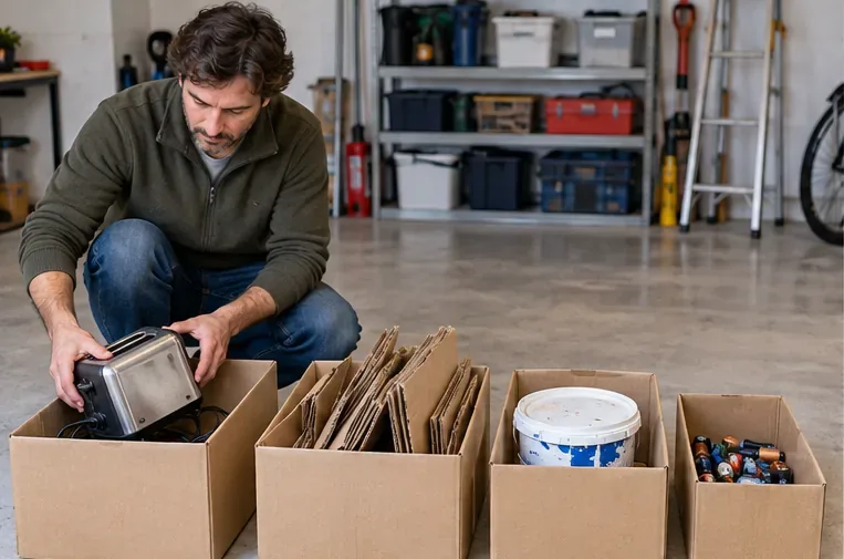 Una persona separa en cajas una tostadora averiada, cartón, un envase de pintura y pequeños residuos domésticos